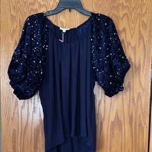 Umgee Navy Sequin Puff-Sleeve Blouse